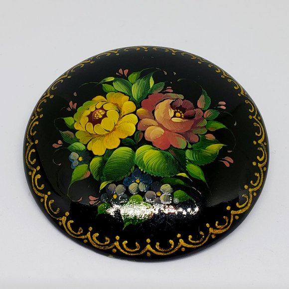 Agapov I. Khabarovsk 1992 Russia Rose Bouquet Hand Painted Wood Brooch Pin - Picture 5 of 9